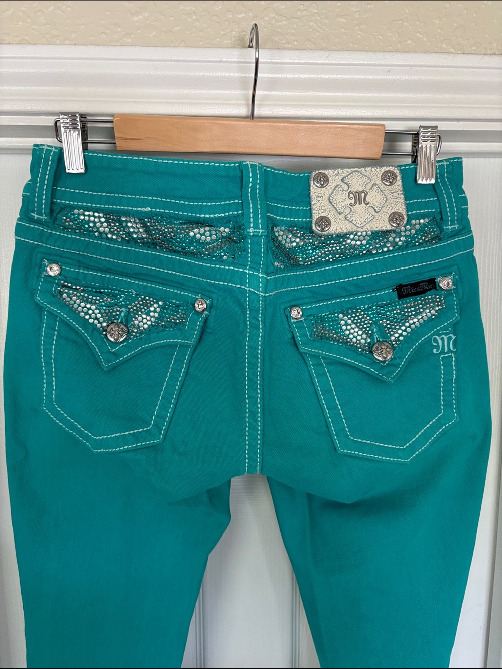Miss Me Turquoise Rhinestone-Embellished Skinny Jeans